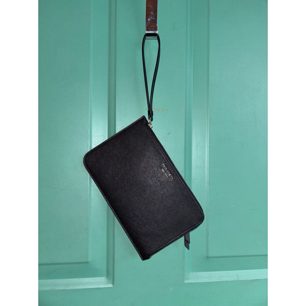 Black Leather Wristlet Clutch - Slim Organizer